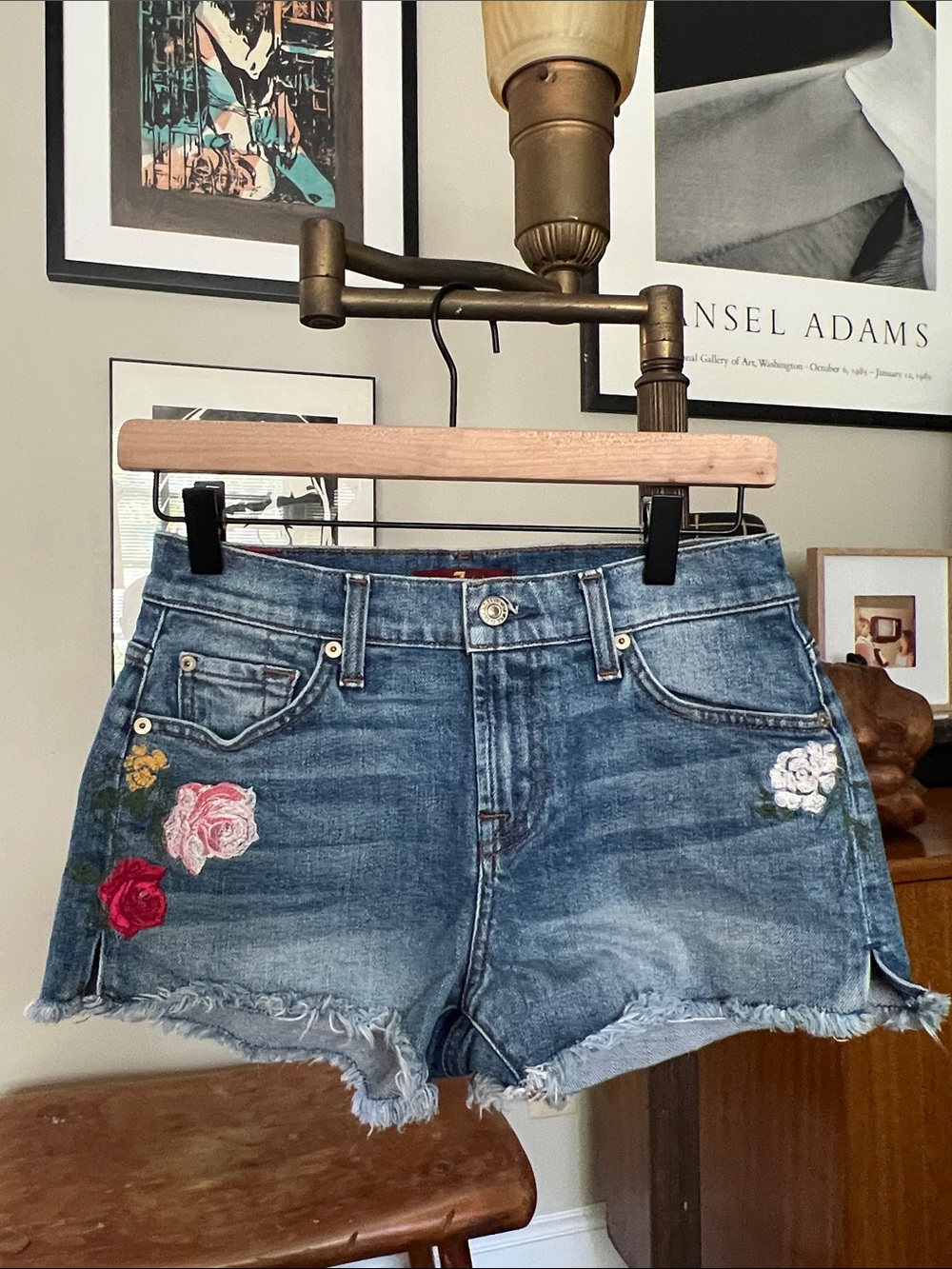 7 For All Mankind Blue Embroidered Floral Frayed Hem Jean Shorts